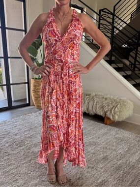 Poupette St Barth- Floral Pink Halter Maxi Dress small